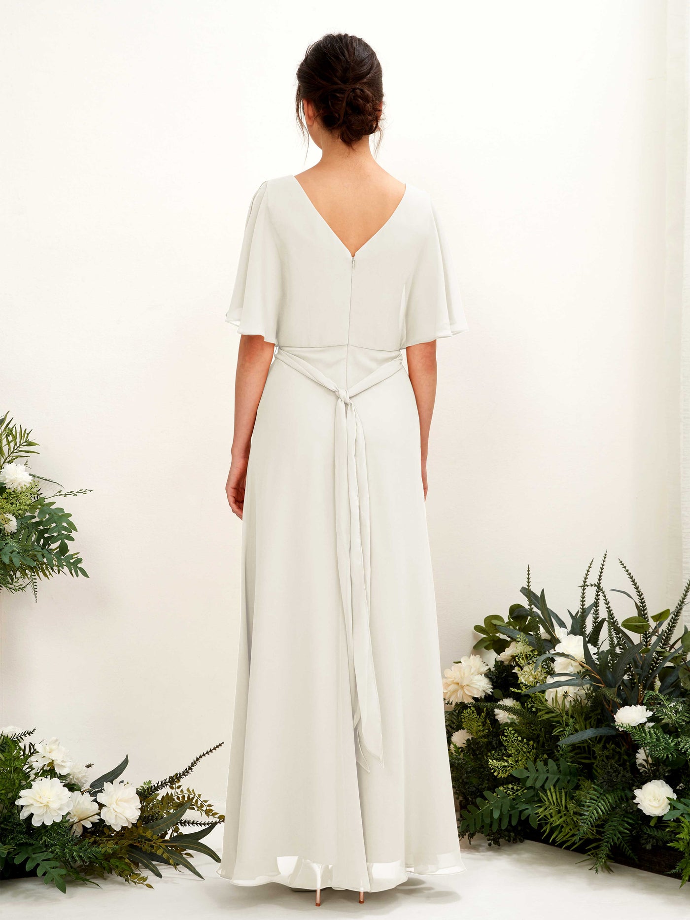 V-neck Short Sleeves Chiffon Bridesmaid Dress - Ivory (81222426)#color_ivory