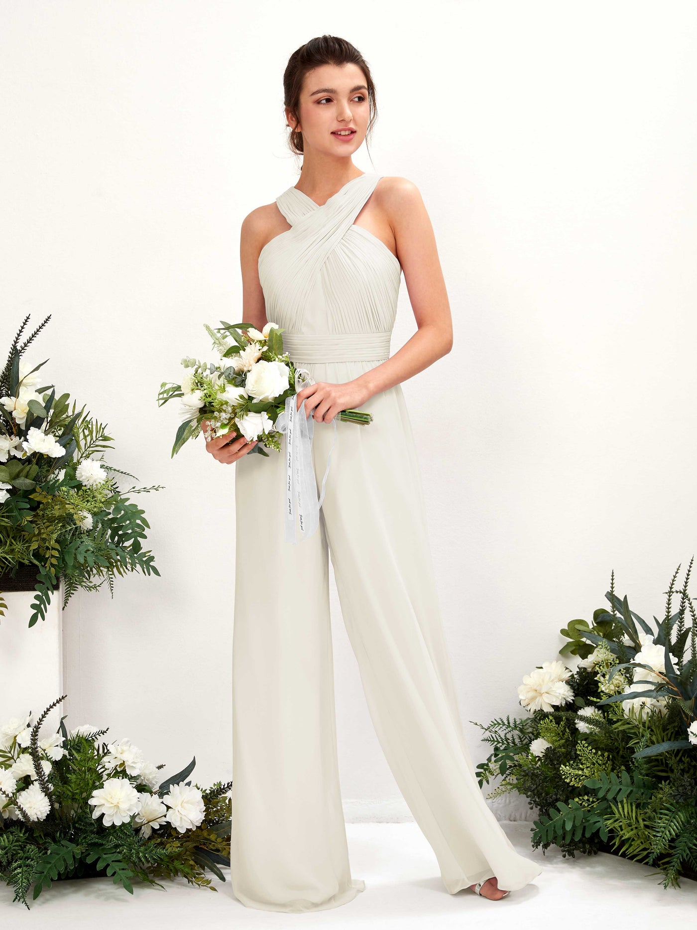 V-neck Sleeveless Chiffon Bridesmaid Dress Wide-Leg Jumpsuit - Ivory (81220726)#color_ivory