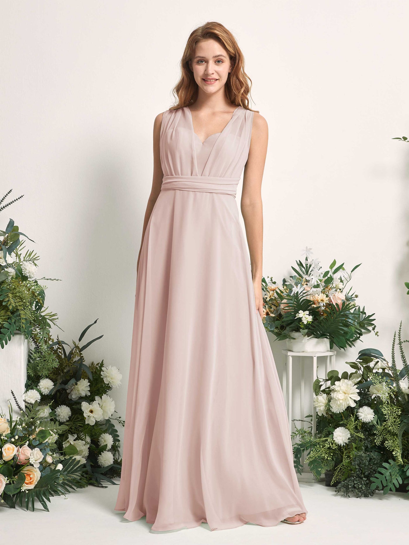 Bridesmaid Dress A-line Chiffon Halter Full Length Short Sleeves Wedding Party Dress - Biscotti (81226335)#color_biscotti