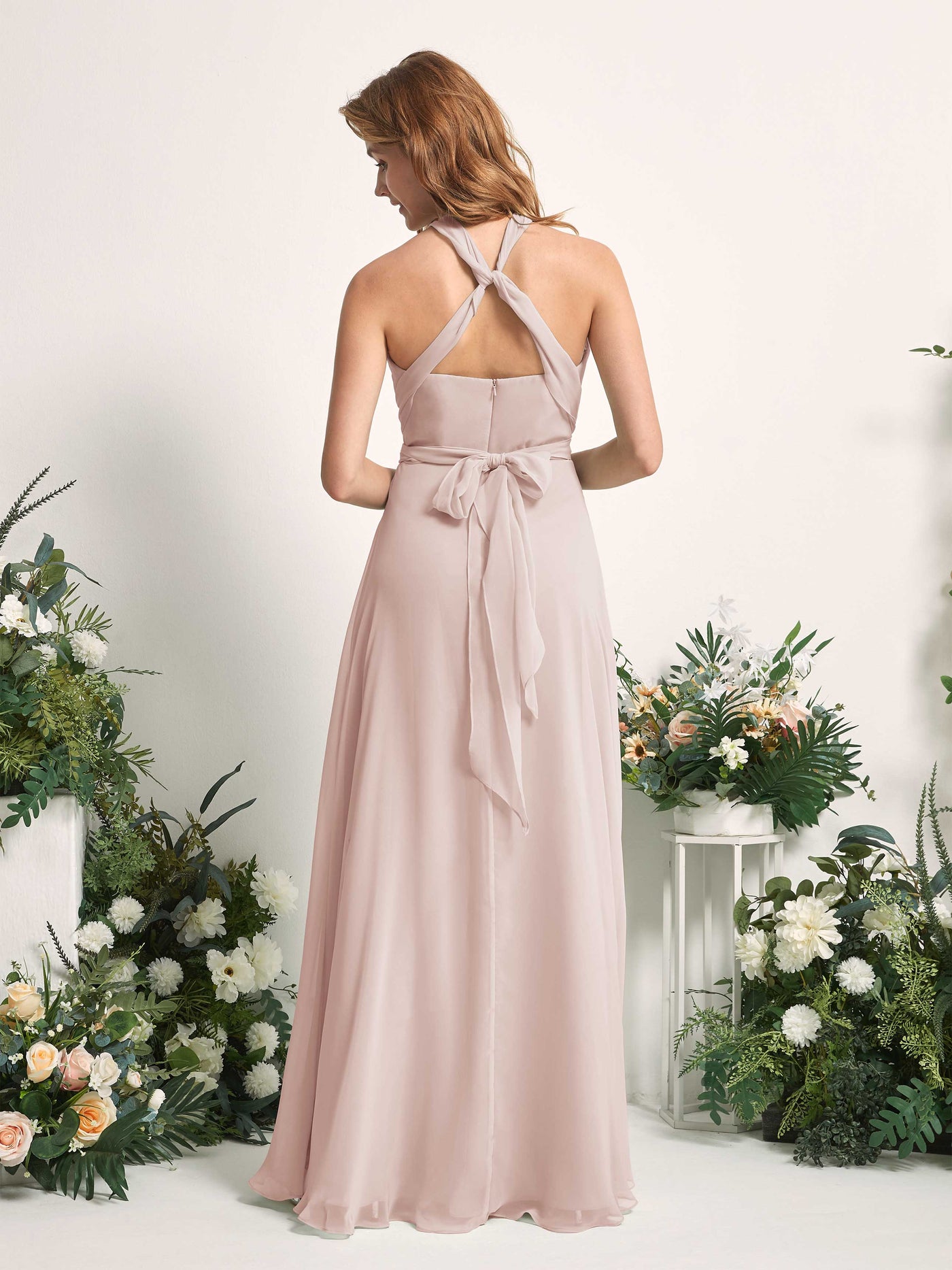 Bridesmaid Dress A-line Chiffon Halter Full Length Short Sleeves Wedding Party Dress - Biscotti (81226335)#color_biscotti