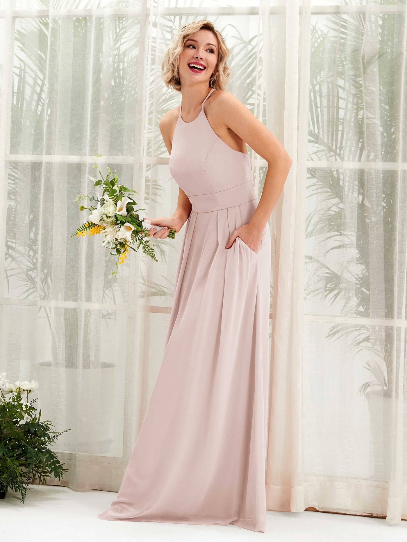 A-line Ball Gown Halter Spaghetti-straps Sleeveless Bridesmaid Dress - Biscotti (81225235)#color_biscotti