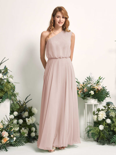 Carlyna Cecily A-Line Biscotti Bridesmaid Dress Maxi Sleeveless One Shoulder Dress Front View #color_biscotti