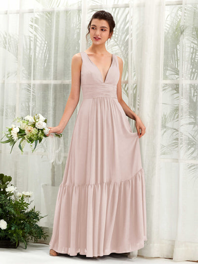 Carlyna Alissa A-Line Biscotti Bridesmaid Dress Maxi Sleeveless V-Neck Dress Front View #color_biscotti