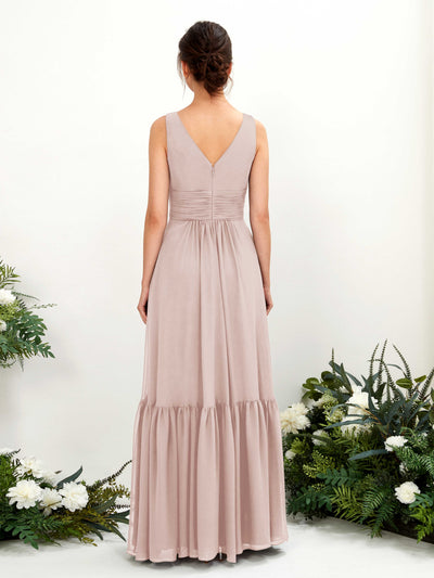 Carlyna Alissa A-Line Biscotti Bridesmaid Dress Maxi Sleeveless V-Neck Dress Back View #color_biscotti