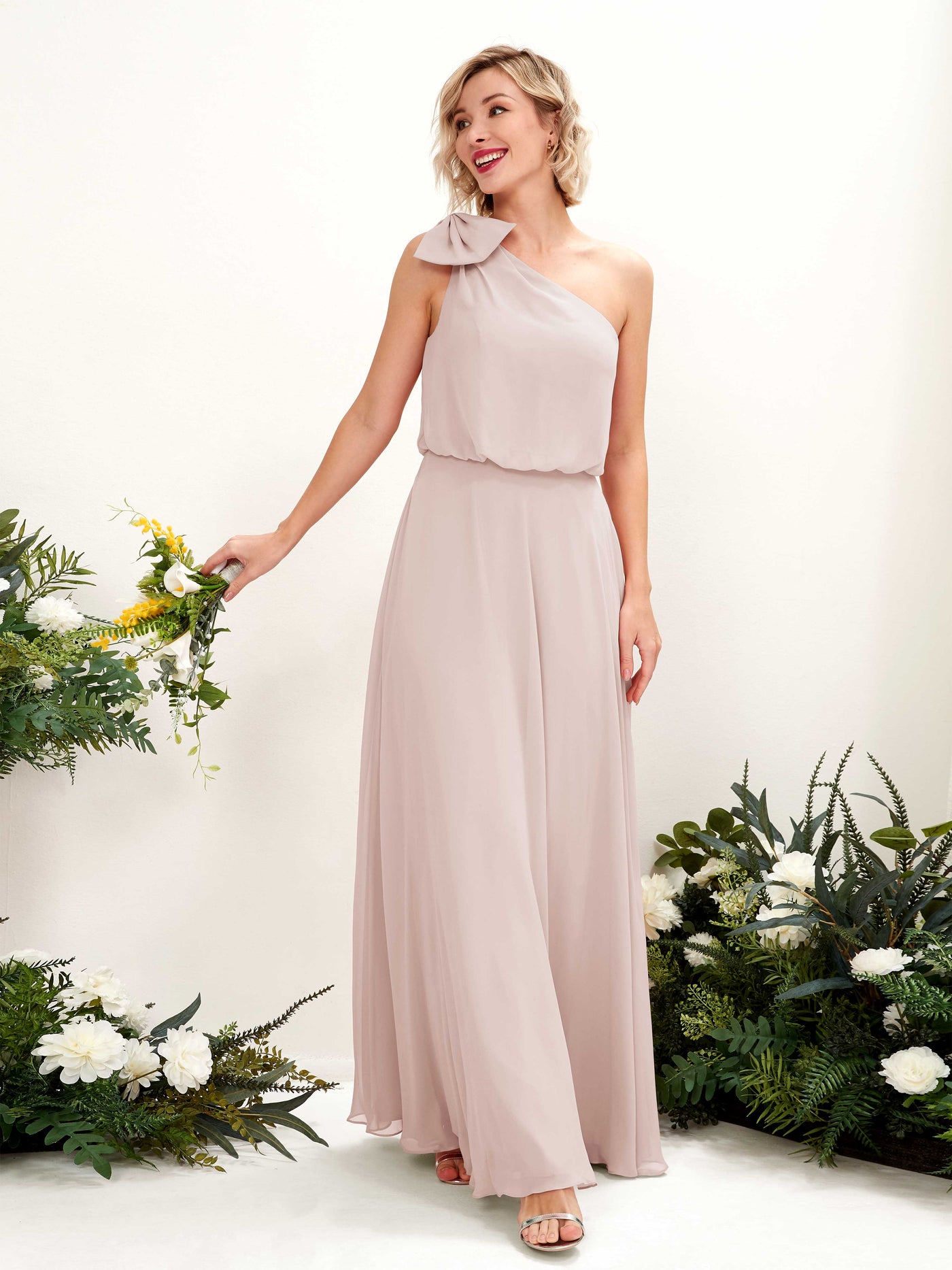 A-line One Shoulder Sleeveless Chiffon Bridesmaid Dress - Biscotti (81225535)#color_biscotti