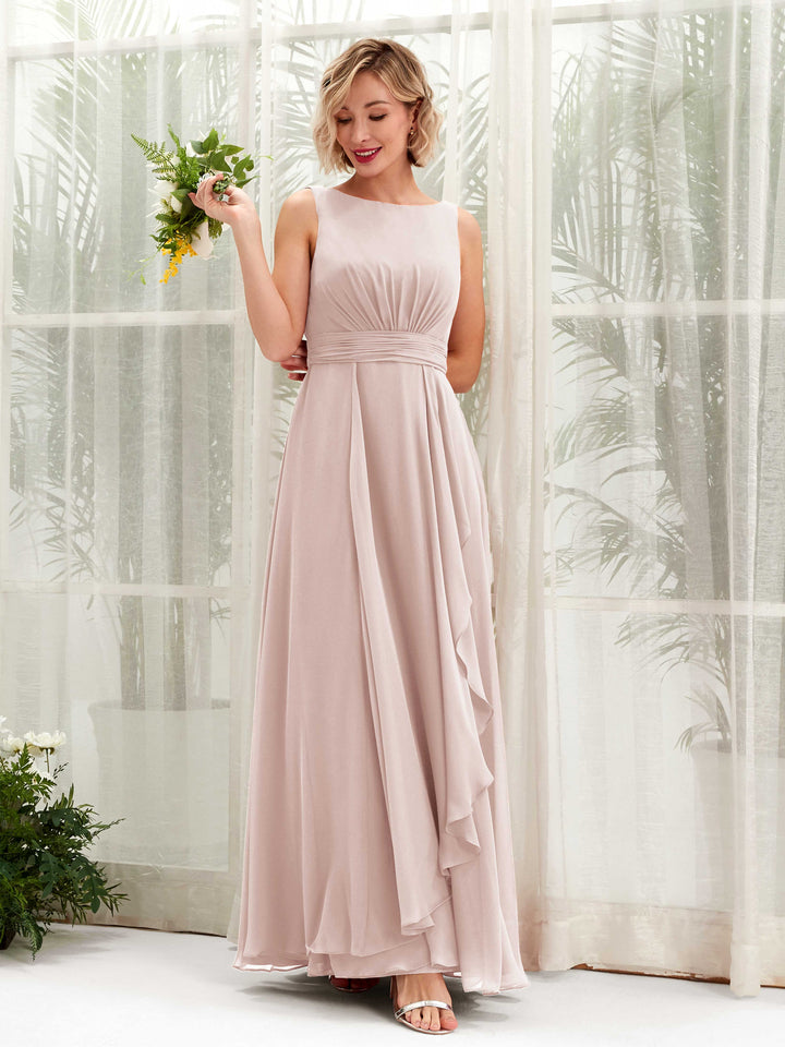 A-line Bateau Sleeveless Chiffon Bridesmaid Dress - Biscotti (81225835)