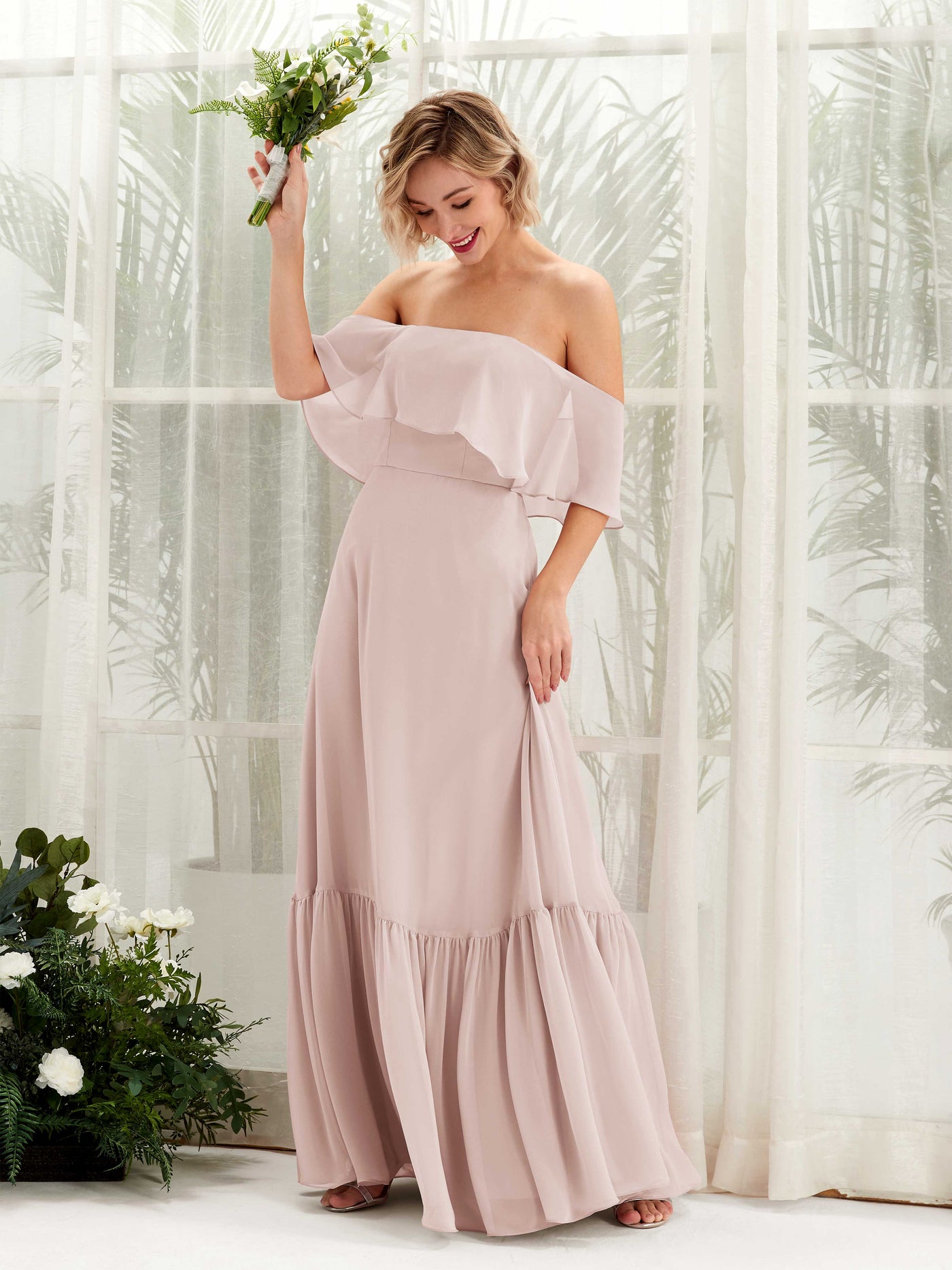 A-line Off Shoulder Chiffon Bridesmaid Dress - Biscotti (81224535)#color_biscotti