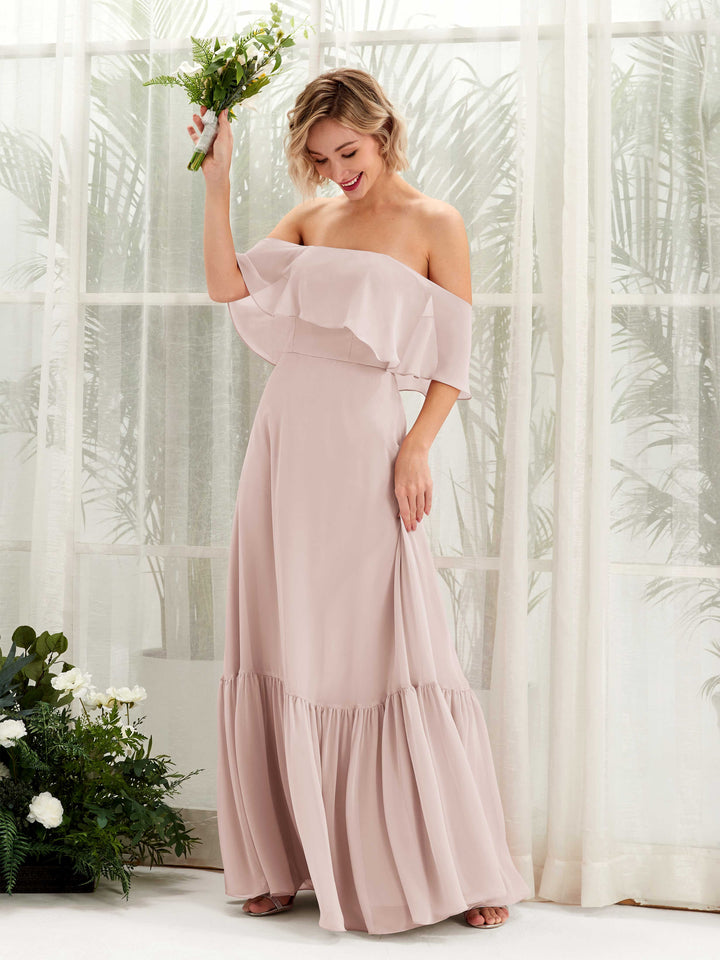 A-line Off Shoulder Chiffon Bridesmaid Dress - Biscotti (81224535)