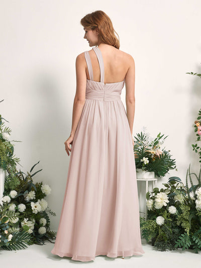 Carlyna Evelyn A-Line Biscotti Bridesmaid Dress Maxi Sleeveless One Shoulder Dress Back View #color_biscotti