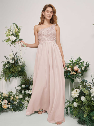 Carlyna Bonita A-Line Biscotti Embroidered Bridesmaid Dress Maxi Sleeveless One Shoulder Dress Side View 2 #color_biscotti