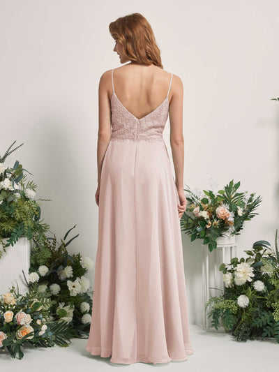 Carlyna Gail A-Line Biscotti Beaded Bridesmaid Dress Maxi Sleeveless V-Neck Dress Back View #color_biscotti