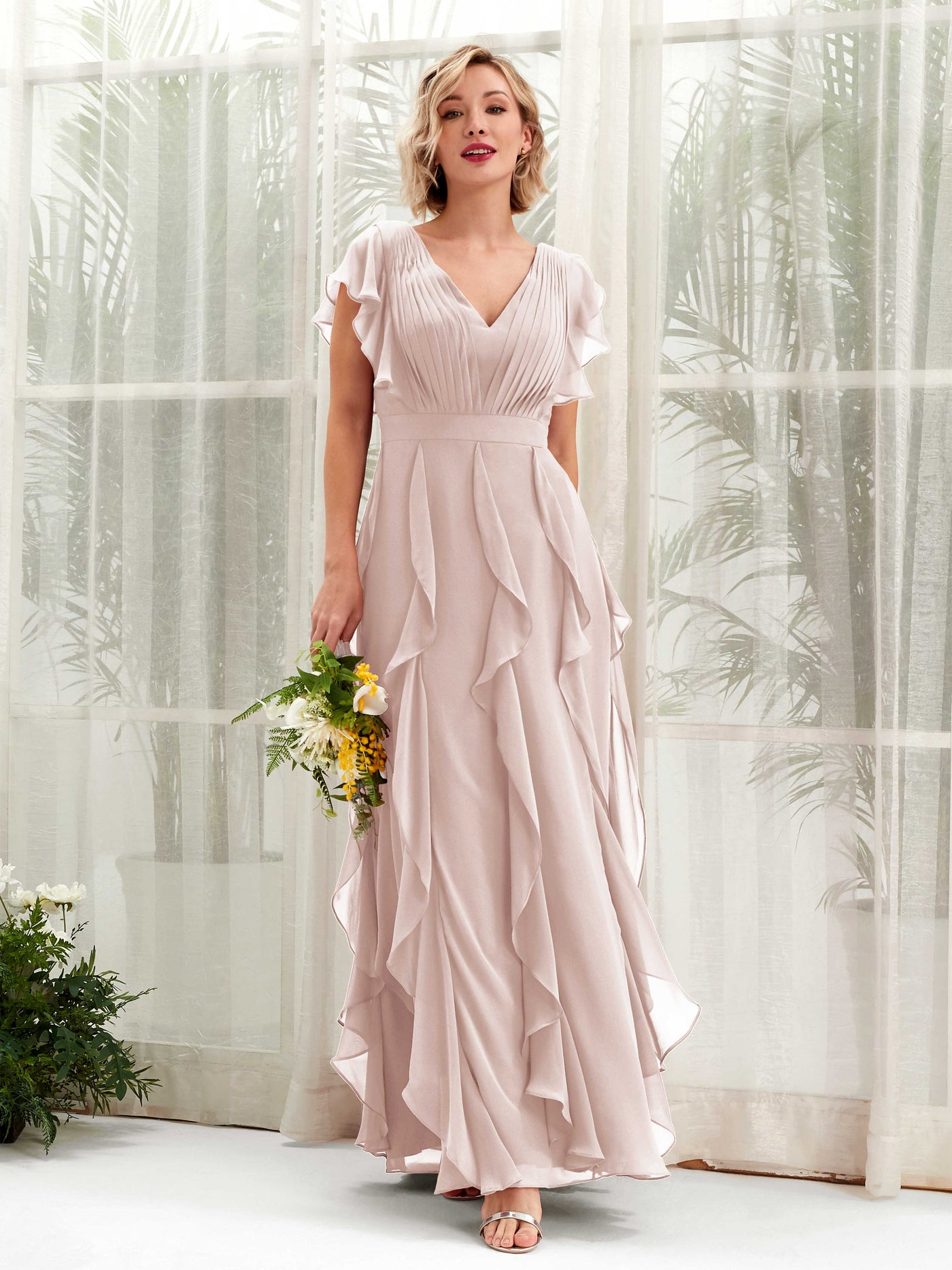 A-line V-neck Short Sleeves Chiffon Bridesmaid Dress - Biscotti (81226035)#color_biscotti