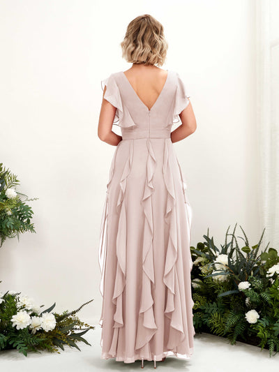 Carlyna Cynthia A-Line Biscotti Bridesmaid Dress Maxi Cap Sleeve V-Neck Dress Back View #color_biscotti