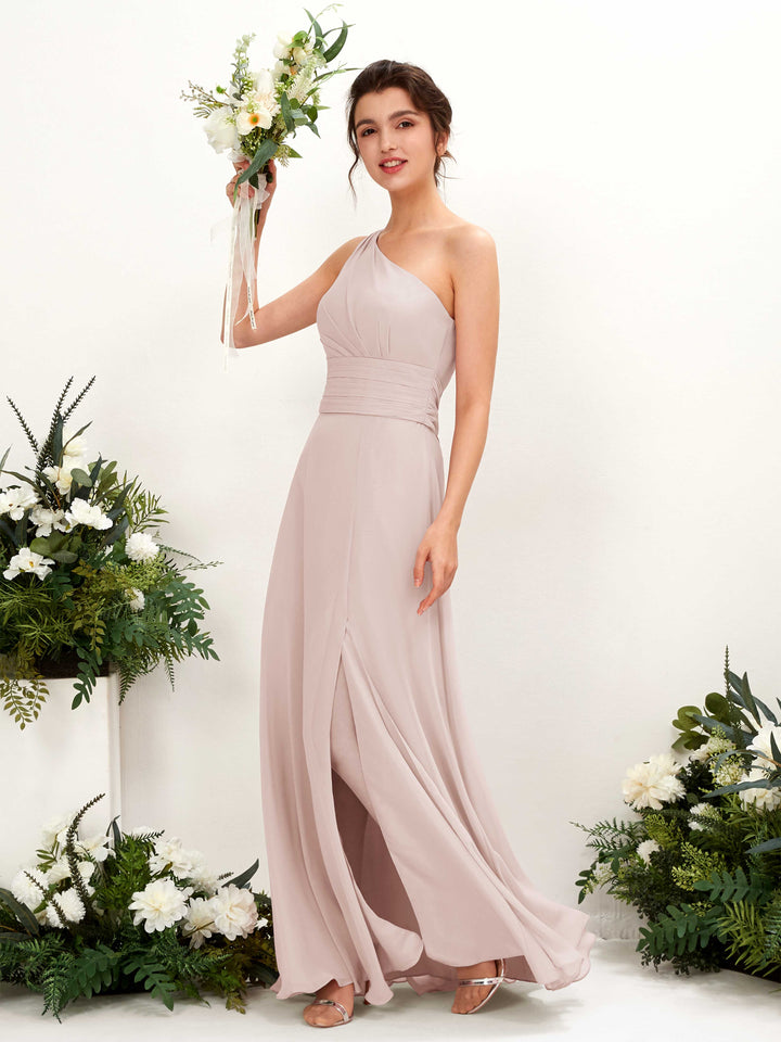 A-line One Shoulder Sleeveless Bridesmaid Dress - Biscotti (81224735)