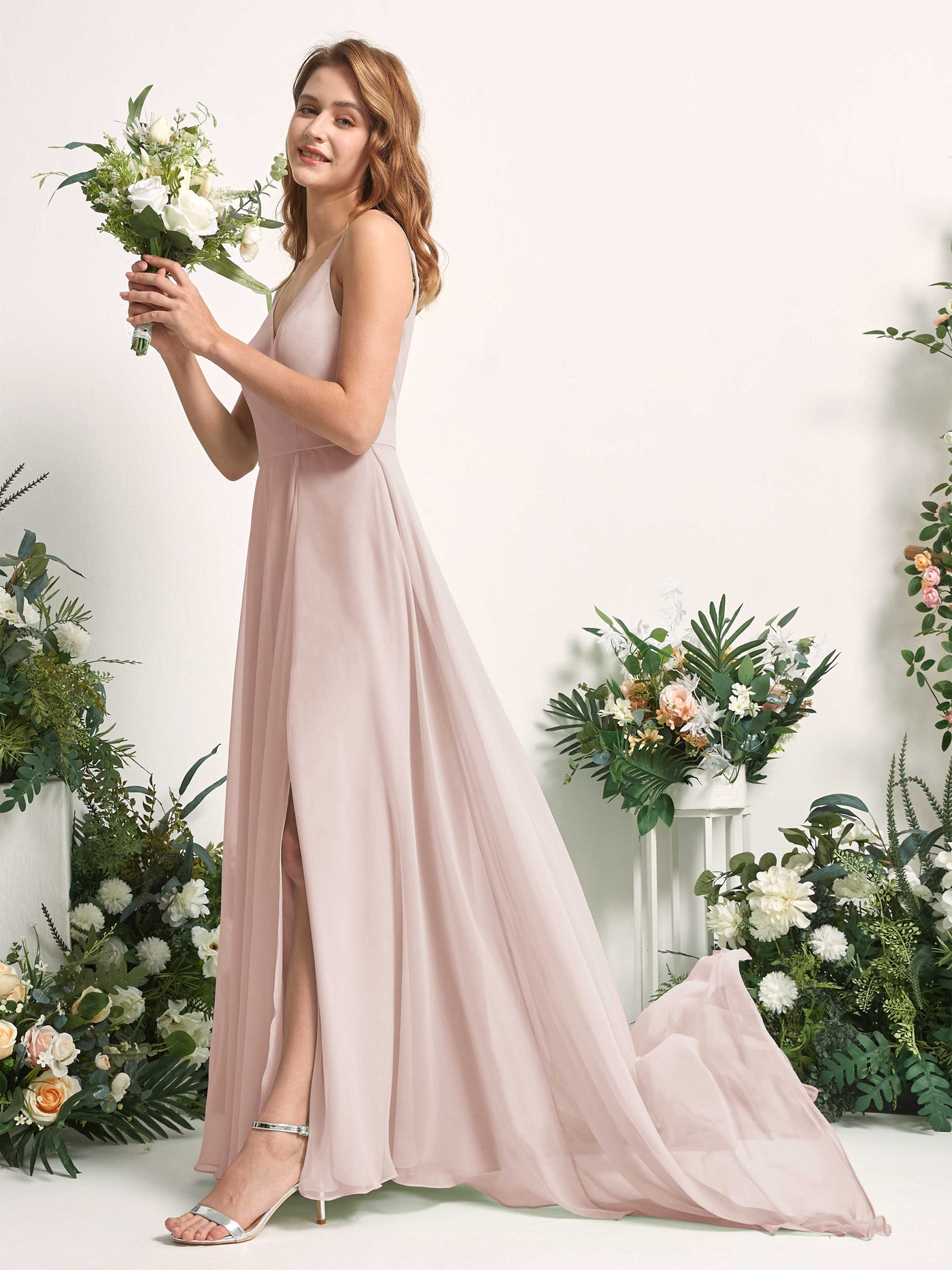 Bridesmaid Dress A-line Chiffon Spaghetti-straps Full Length Sleeveless Wedding Party Dress - Biscotti (81227735)#color_biscotti