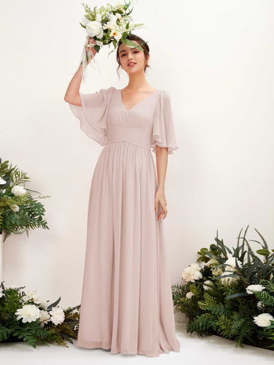 Carlyna Odette A-Line Biscotti Bridesmaid Dress Maxi Short Sleeve V-Neck Dress #color_biscotti
