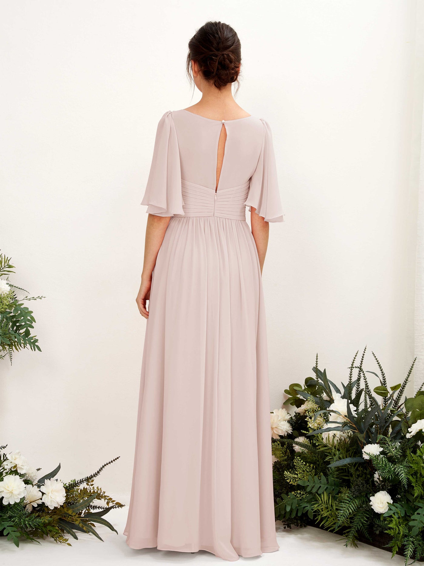 A-line V-neck 1/2 Sleeves Chiffon Bridesmaid Dress - Biscotti (81221635)#color_biscotti
