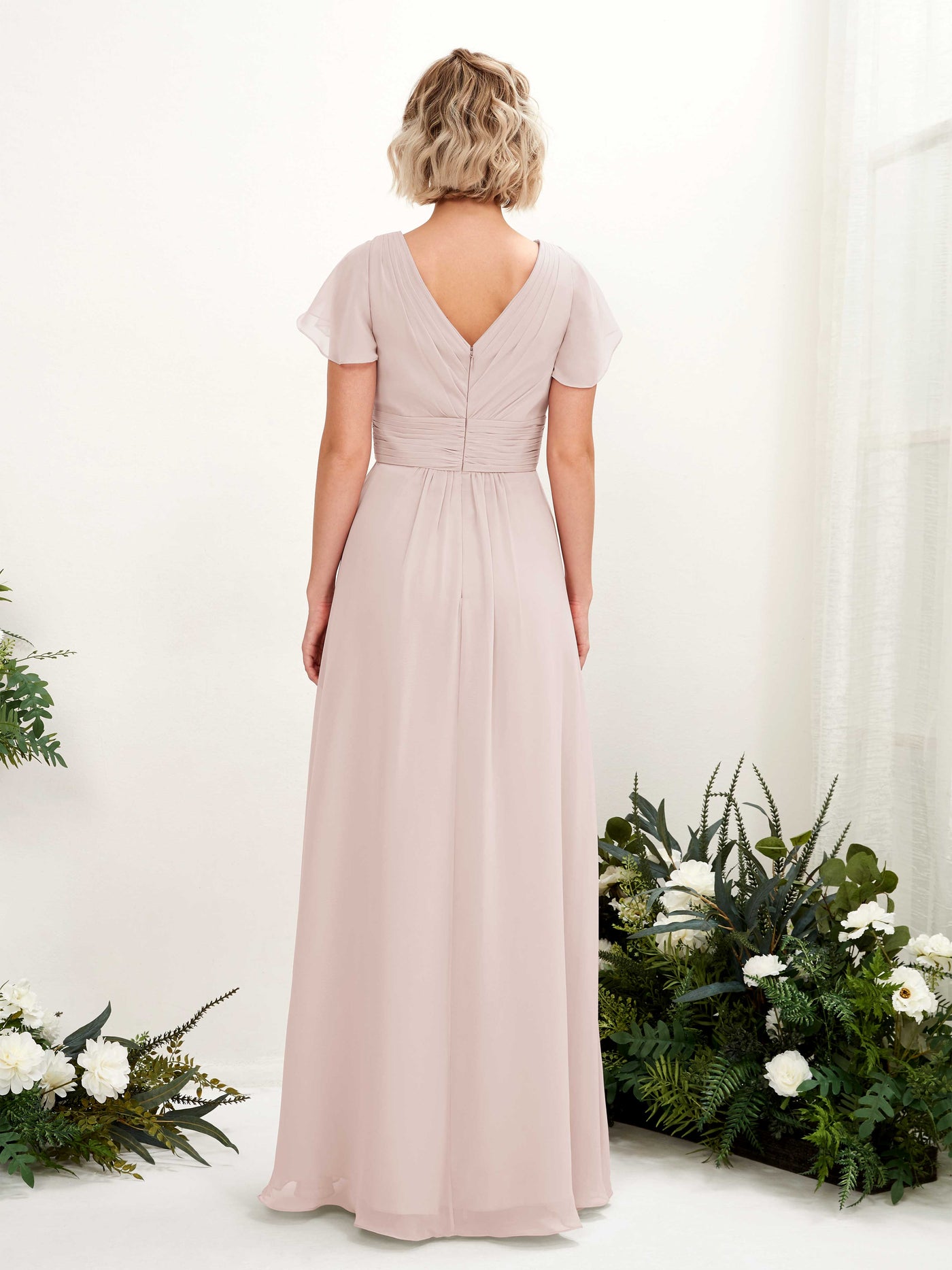 A-line V-neck Cap Sleeves Chiffon Bridesmaid Dress - Biscotti (81224335)#color_biscotti