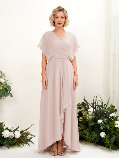 Carlyna Soleil A-Line Biscotti Bridesmaid Dress Maxi Short Sleeve V-Neck Dress #color_biscotti