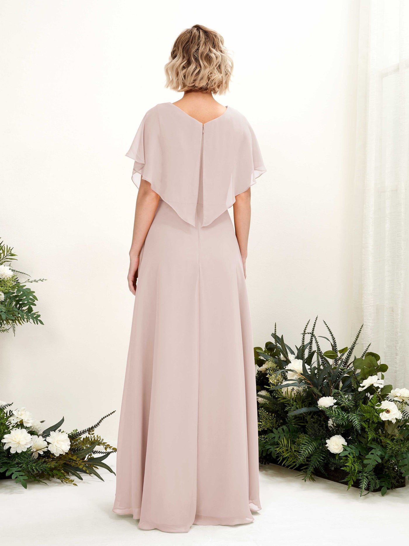 A-line V-neck Short Sleeves Chiffon Bridesmaid Dress - Biscotti (81222135)#color_biscotti