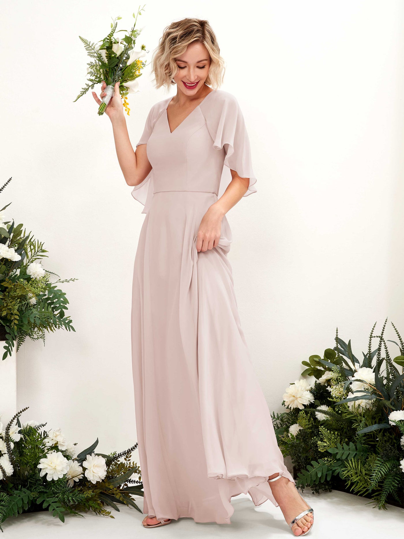 A-line V-neck Short Sleeves Chiffon Bridesmaid Dress - Biscotti (81224435)#color_biscotti