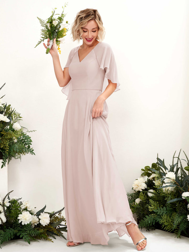 A-line V-neck Short Sleeves Chiffon Bridesmaid Dress - Biscotti (81224435)
