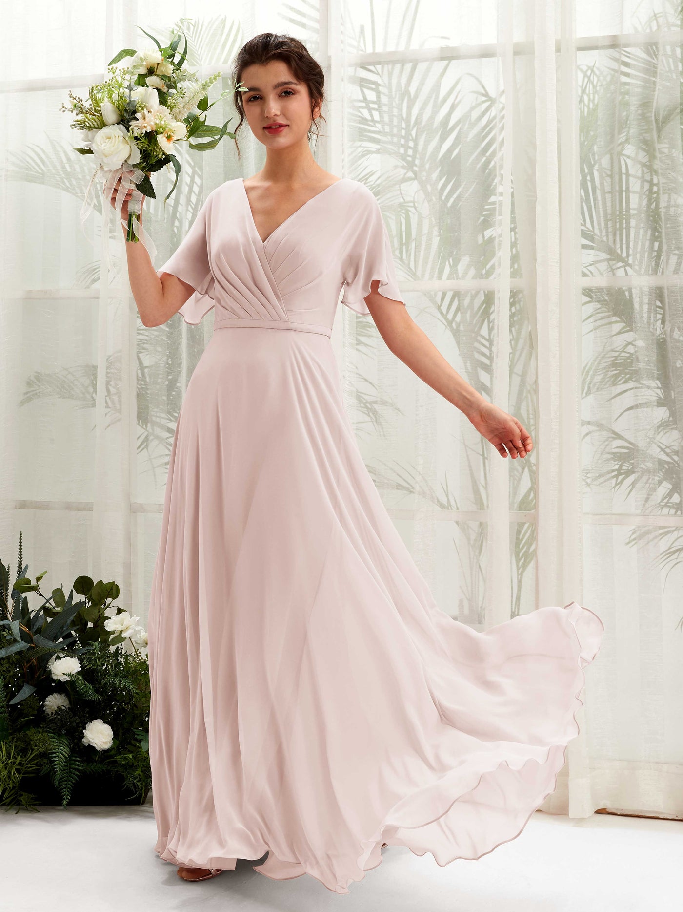 A-line V-neck Short Sleeves Chiffon Bridesmaid Dress - Biscotti (81224635)#color_biscotti