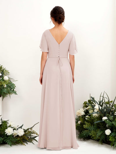 Carlyna Daphne A-Line Biscotti Bridesmaid Dress Maxi Short Sleeve V-Neck Dress Back View #color_biscotti