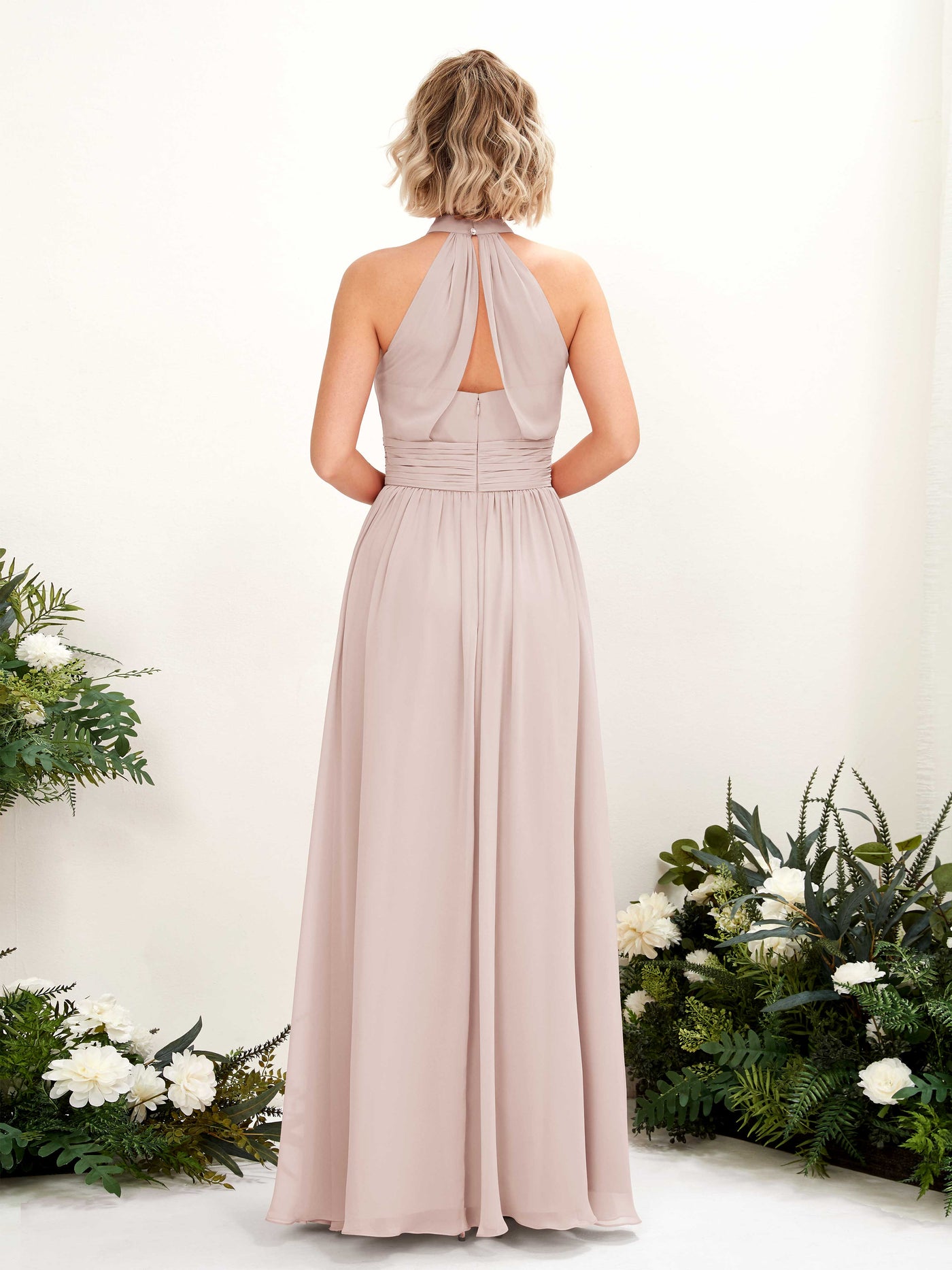 Ball Gown Halter Sleeveless Chiffon Bridesmaid Dress - Biscotti (81225335)#color_biscotti