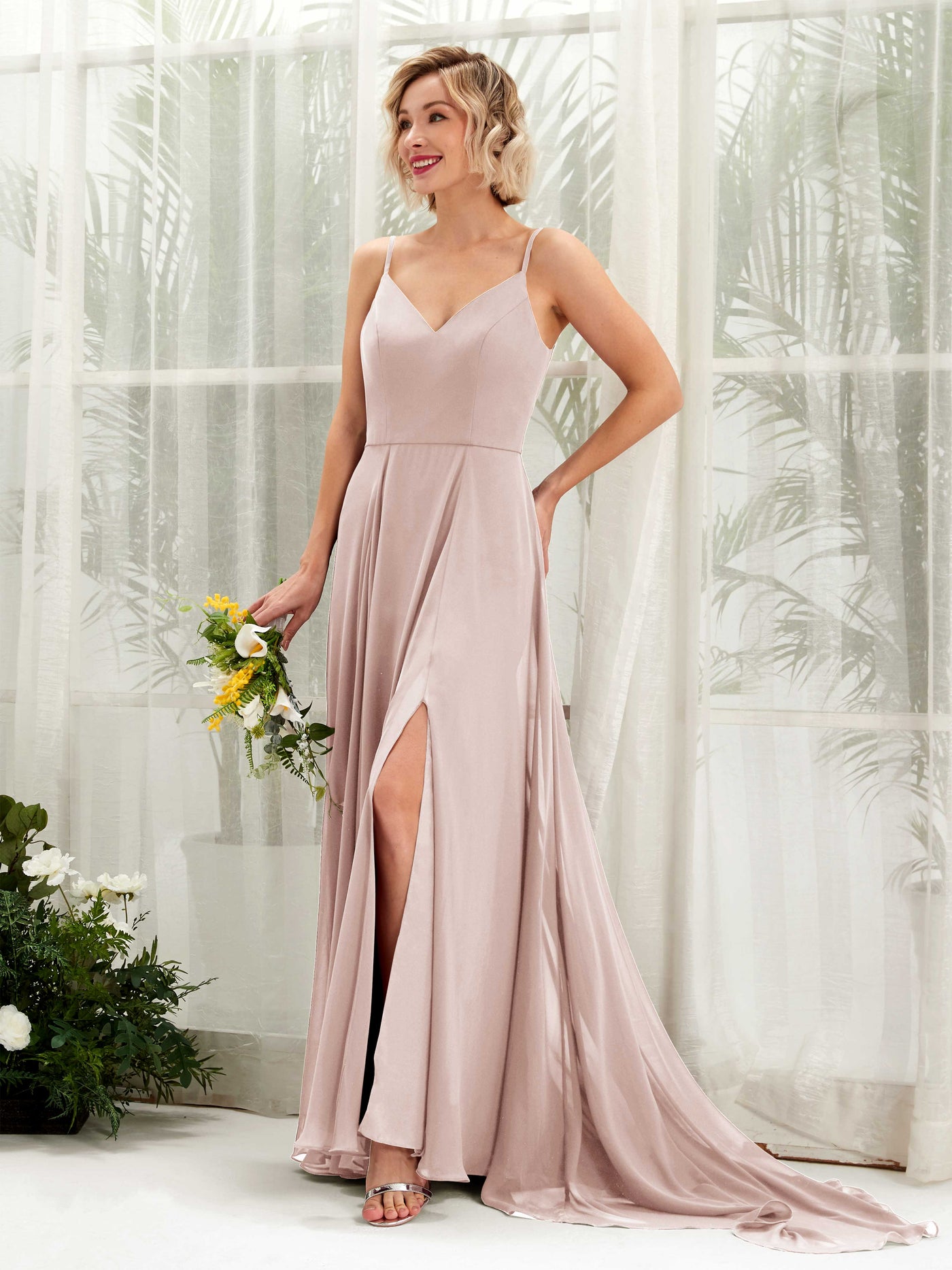 Ball Gown V-neck Sleeveless Bridesmaid Dress - Biscotti (81224135)#color_biscotti