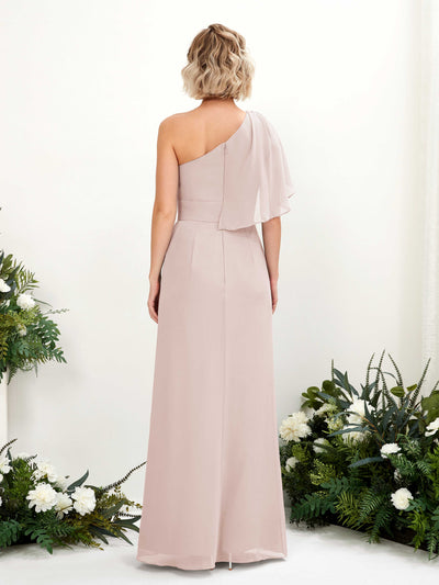 Carlyna Brook A-Line Biscotti Bridesmaid Dress Maxi Sleeveless One Shoulder Dress Back View #color_biscotti