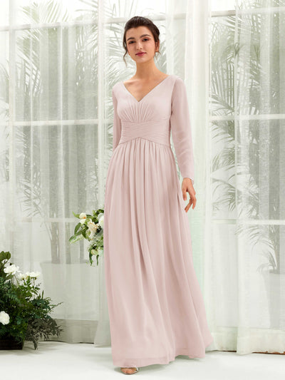Carlyna Coline A-Line Biscotti Bridesmaid Dress Maxi Long Sleeve V-Neck Front View #color_biscotti
