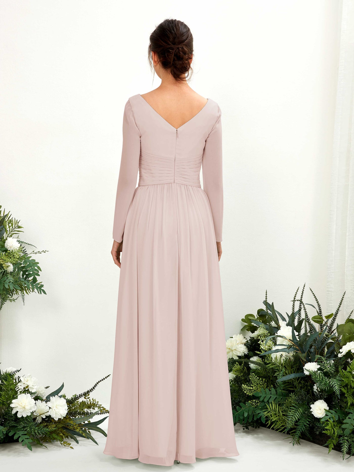 Ball Gown V-neck Long Sleeves Chiffon Bridesmaid Dress - Biscotti (81220335)#color_biscotti