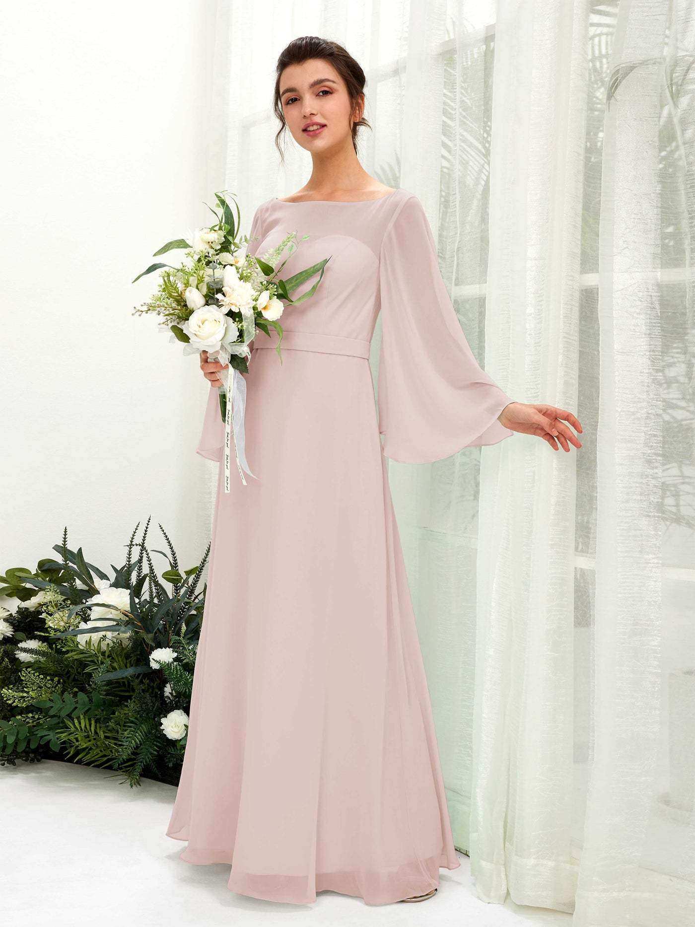 Bateau Illusion Long Sleeves Chiffon Bridesmaid Dress - Biscotti (81220535)#color_biscotti