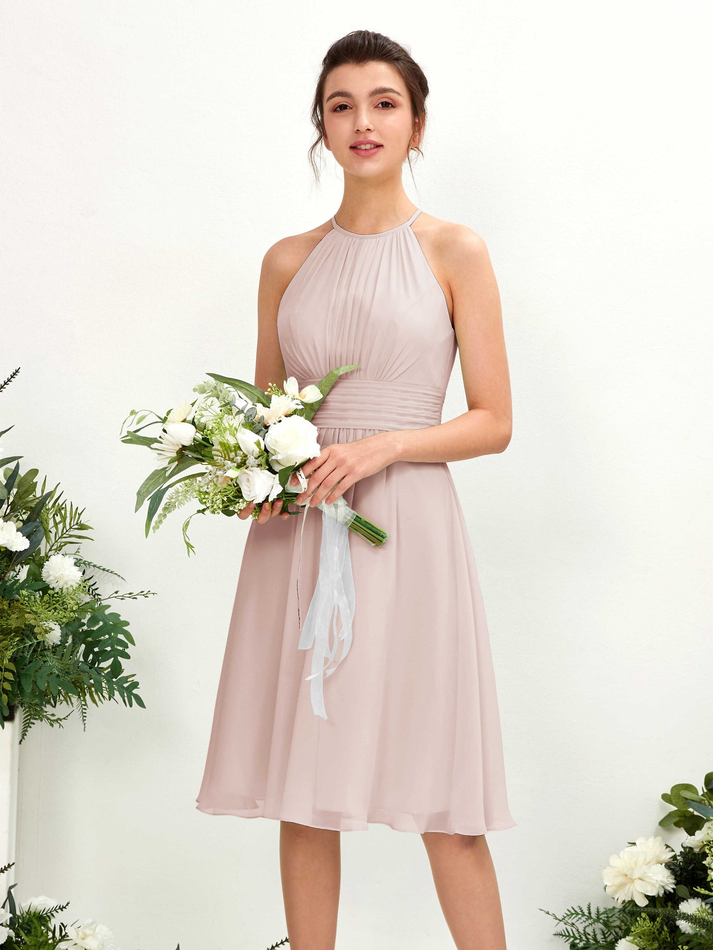 Halter Sleeveless Chiffon Bridesmaid Dress - Biscotti (81220135)#color_biscotti