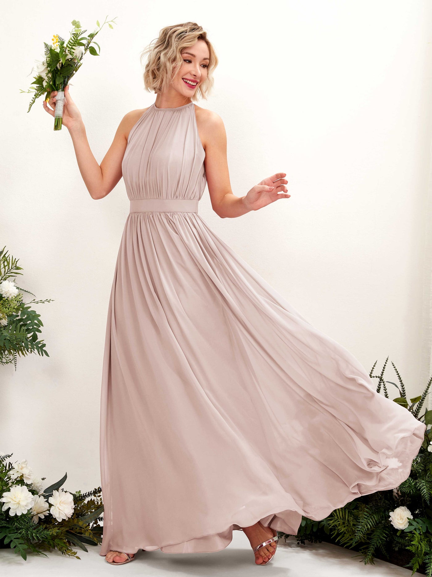Halter Sleeveless Chiffon Bridesmaid Dress - Biscotti (81223135)#color_biscotti