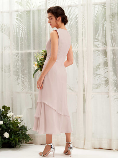 Carlyna Raina Mermaid Biscotti Bridesmaid Dress Midi Sleeveless Round Neck Dress #color_biscotti