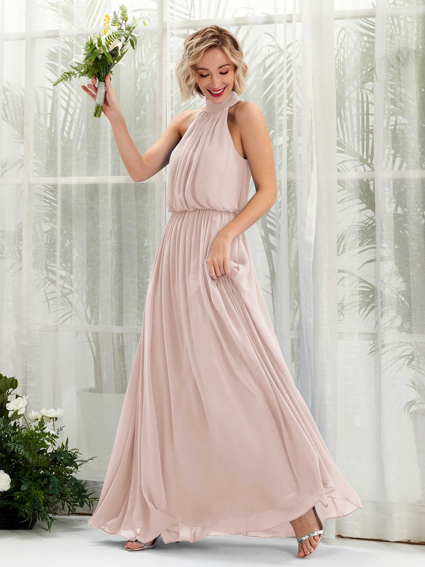 Halter Sleeveless Chiffon Bridesmaid Dress - Biscotti (81222935)#color_biscotti