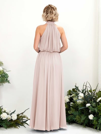 Carlyna Bess A-Line Biscotti Bridesmaid Dress Maxi Sleeveless Halter Dress Back View #color_biscotti