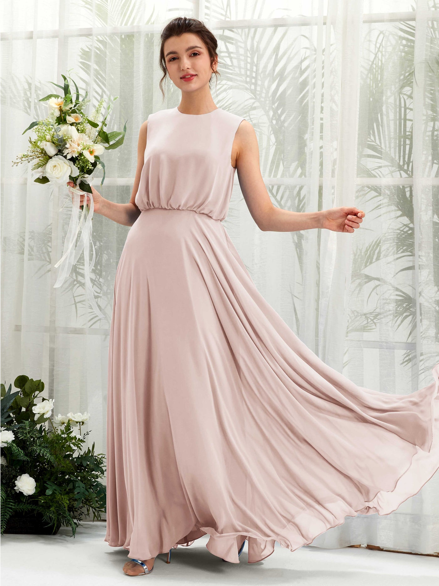 Round Sleeveless Chiffon Bridesmaid Dress - Biscotti (81222835)#color_biscotti