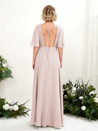 Carlyna Dhea A-Line Biscotti Bridesmaid Dress Maxi Short Sleeve V-Neck Dress Back View #color_biscotti