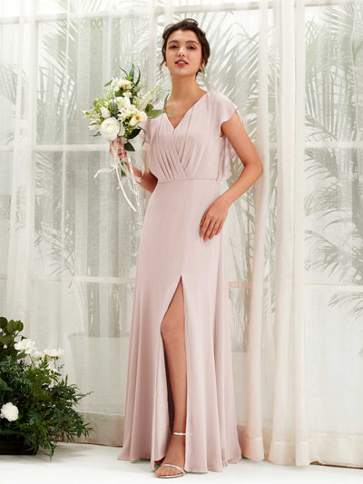 Carlyna Annie A-Line Biscotti Bridesmaid Dress Maxi Cap Sleeve V-Neck Dress Front View #color_biscotti