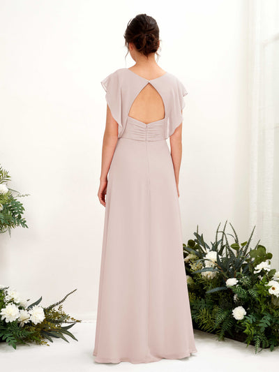 Carlyna Annie A-Line Biscotti Bridesmaid Dress Maxi Cap Sleeve V-Neck Dress Back View #color_biscotti