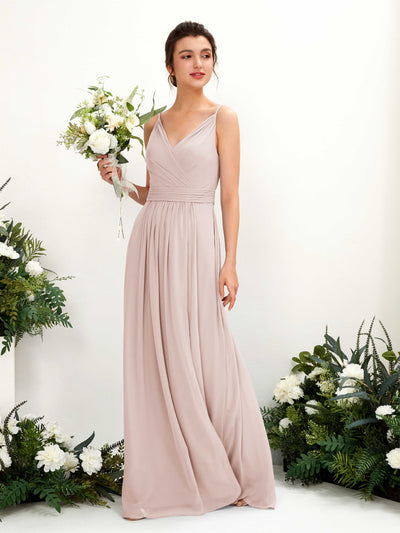 Carlyna Dira A-Line Biscotti Bridesmaid Dress Maxi Sleeveless V-Neck Dress Front View #color_biscotti