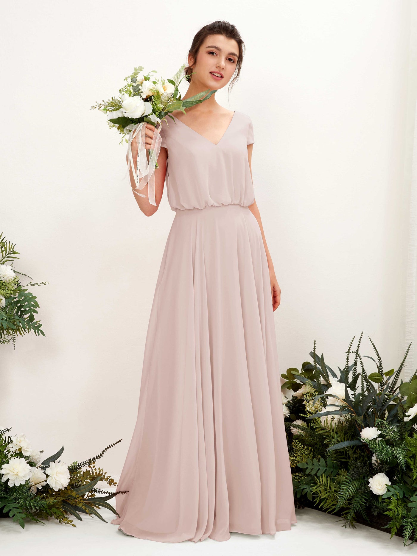 V-neck Cap Sleeves Chiffon Bridesmaid Dress - Biscotti (81221835)#color_biscotti