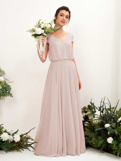 Carlyna Pauline A-Line Biscotti Bridesmaid Dress Maxi Cap Sleeve V-Neck Dress #color_biscotti