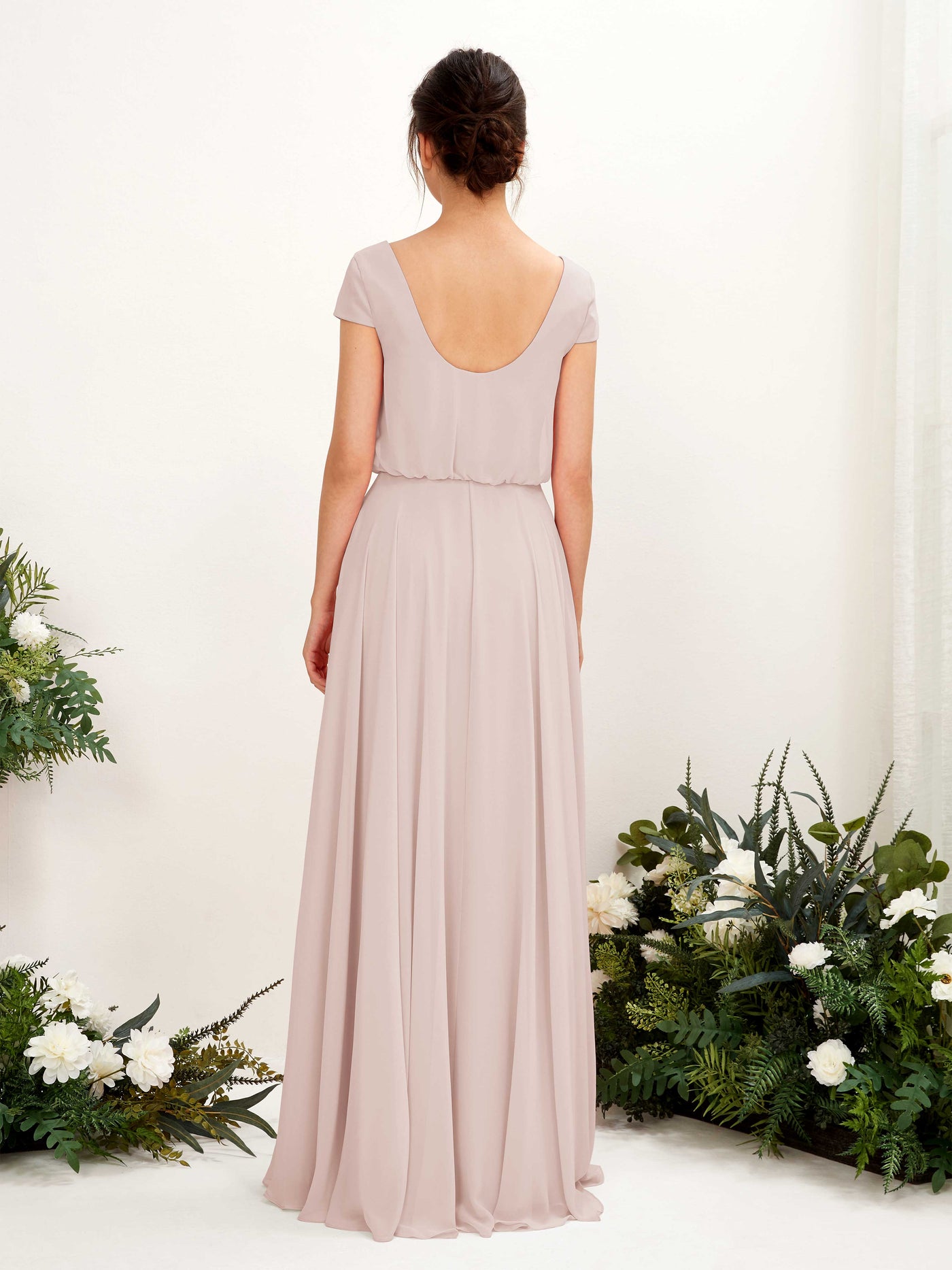 V-neck Cap Sleeves Chiffon Bridesmaid Dress - Biscotti (81221835)#color_biscotti