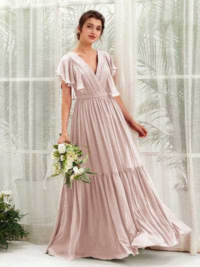 Carlyna Chaya A-Line Biscotti Bridesmaid Dress Maxi Cap Sleeve V-Neck Dress Front View #color_biscotti