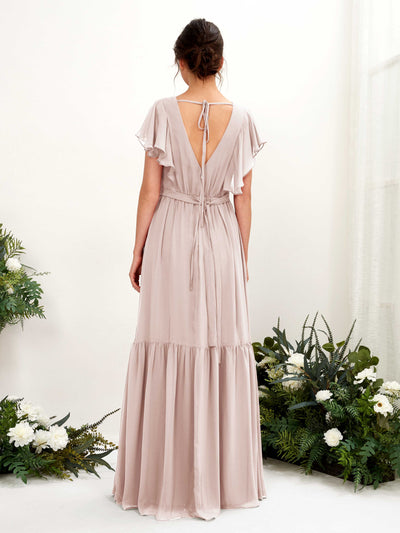 Carlyna Chaya A-Line Biscotti Bridesmaid Dress Maxi Cap Sleeve V-Neck Dress Back View #color_biscotti