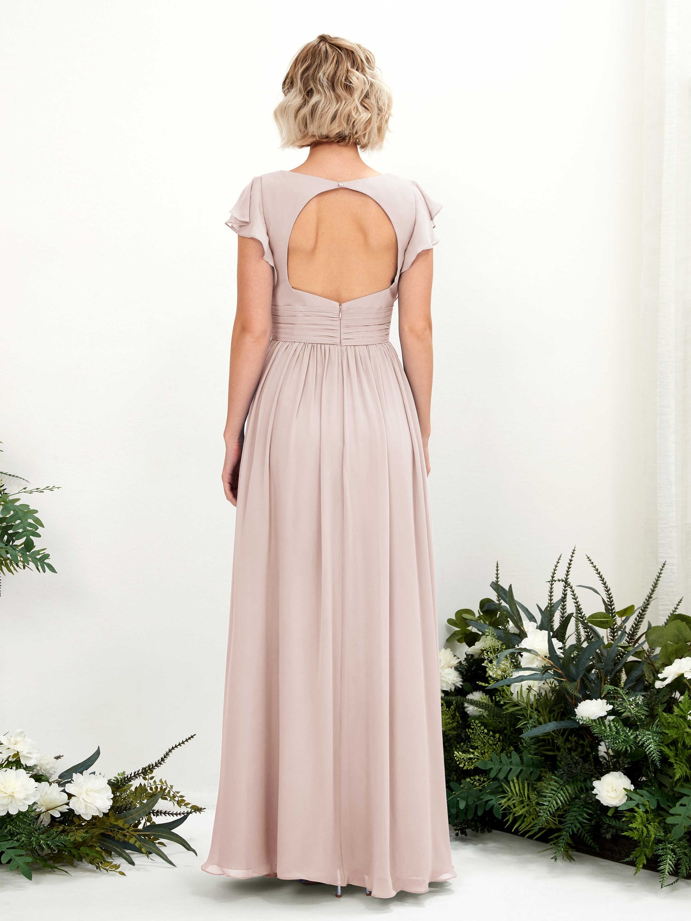 V-neck Short Sleeves Chiffon Bridesmaid Dress - Biscotti (81222735)#color_biscotti